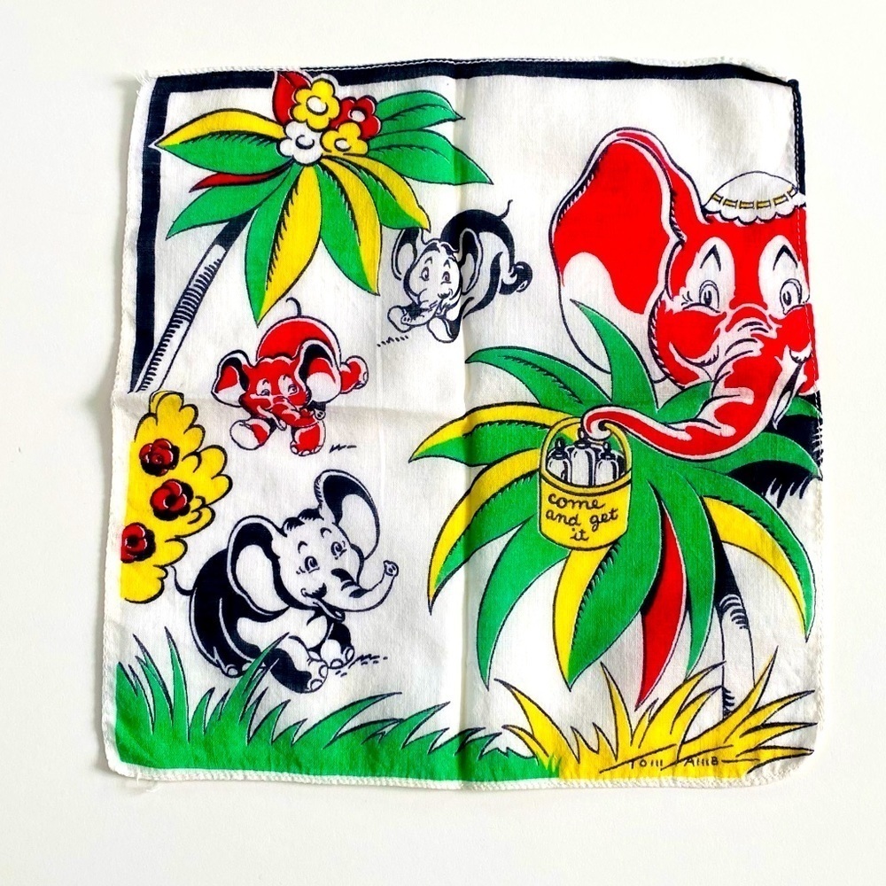 Vintage Tom Lamb Child's Handkerchief with Elephants, 1940s Childs Hankie